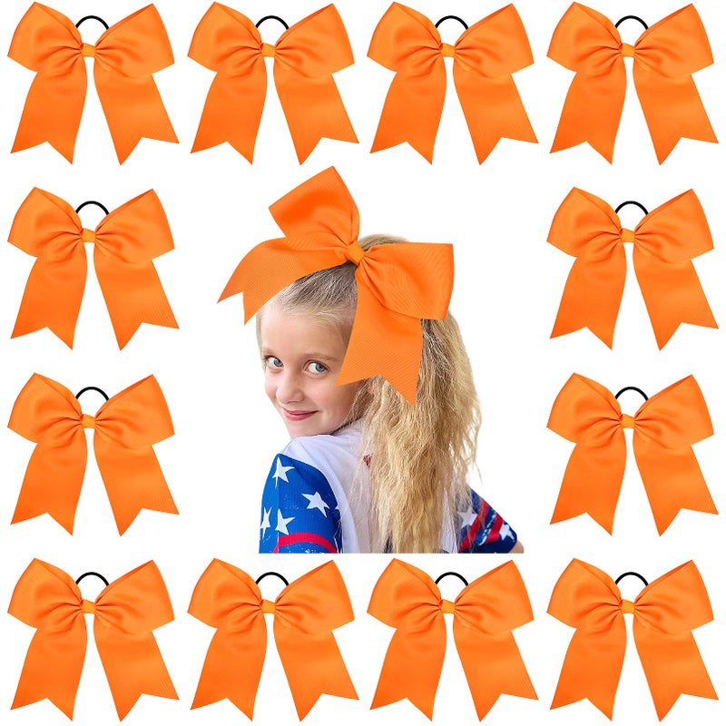 Aileam 8" Large Cheer Bows Ponytail Holder 12PCS Girls Elastic Hair Ties Orange Accessories for women youth toddler football Competition Sports - Image 1